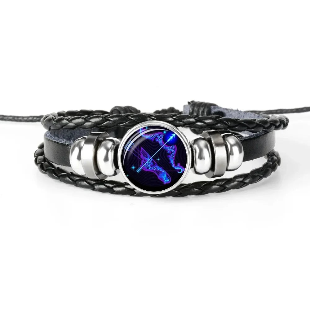 Bracelet with black leather strap and silver beads featuring a blue wolf design on a white background