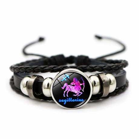 Bracelet with Sagittarius zodiac sign design on a black braided strap.