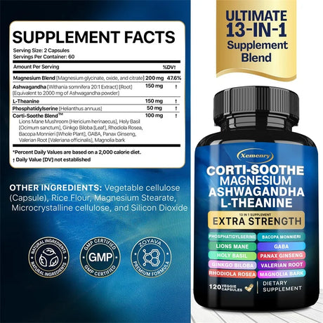 Supplement bottle with label and ingredients list on a blue background