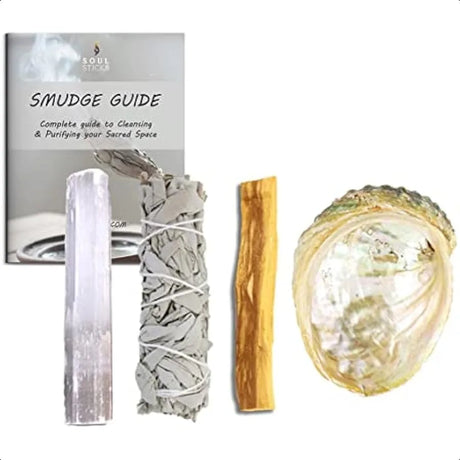 Set of smudging tools including a crystal, sage, and shell with a 'Soul Sticks' smudge guide on a white background.