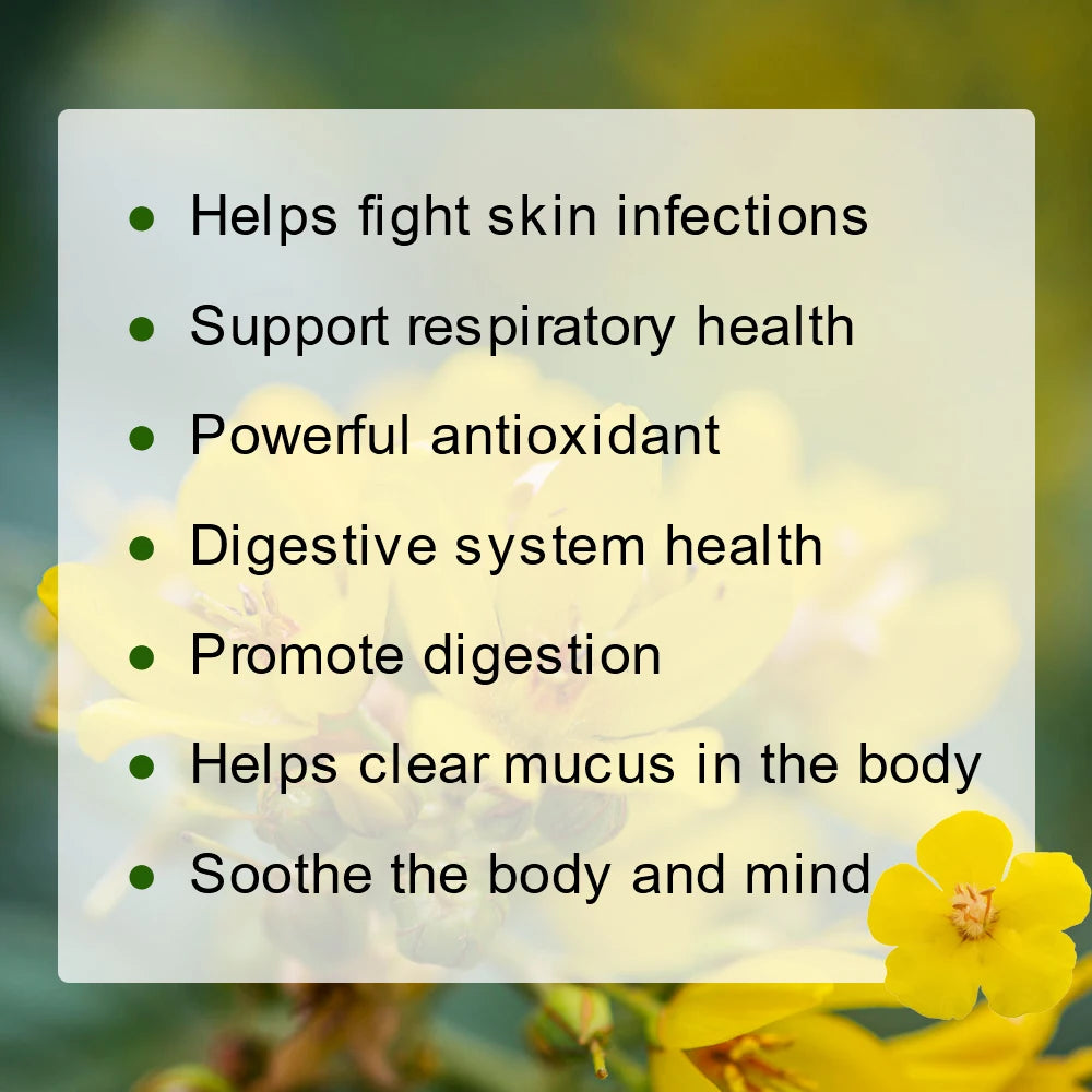 List of health benefits with a blurred background of yellow flowers