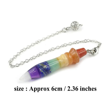 Colorful gemstone pendant on a silver chain with size indication.