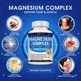 Supplement bottle labeled 'Magnesium Complex' with health benefits on a blue background