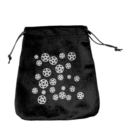 Black drawstring bag with white pentacle symbols on a white background