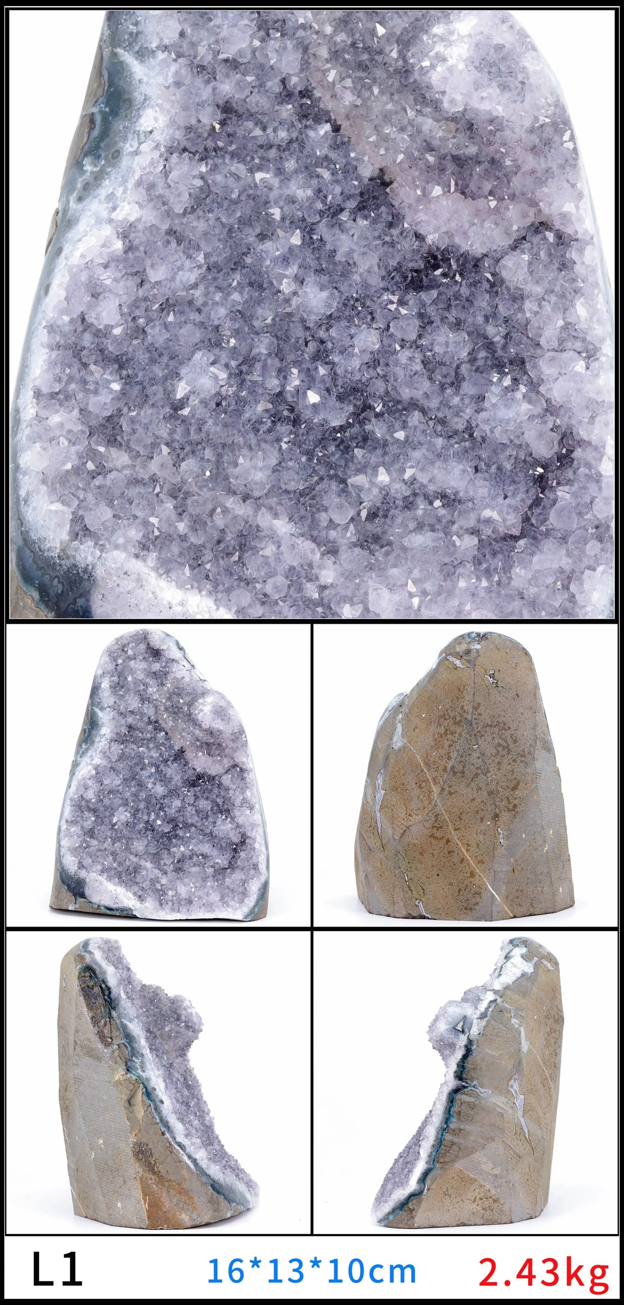 Collection of different types of rocks with a size label and weight on a white background