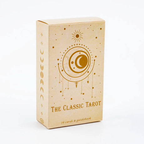 Beige box of 'The Classic Tarot' with tarot card symbols on a white background