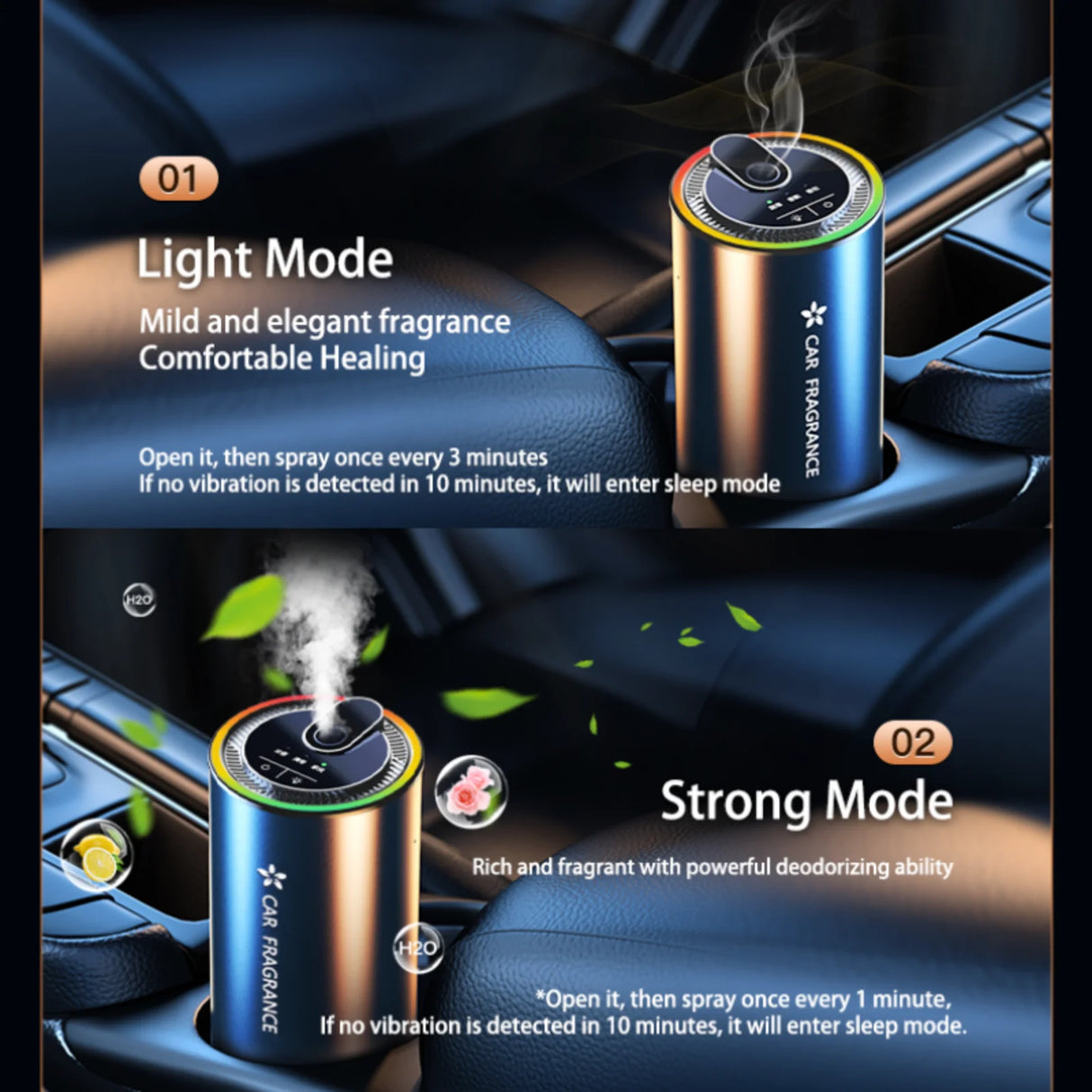 Car air freshener with light and strong mode options on a car interior background
