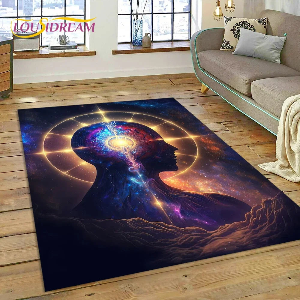 Decorative rug with artistic design of a silhouette and cosmic elements in a living room.