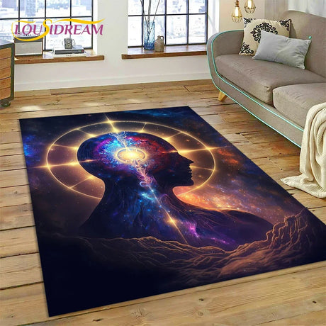 Decorative rug with artistic design of a silhouette and cosmic elements in a living room.