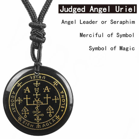 Black pendant with gold symbols on a white background, labeled 'Judged Angel Uriel'.