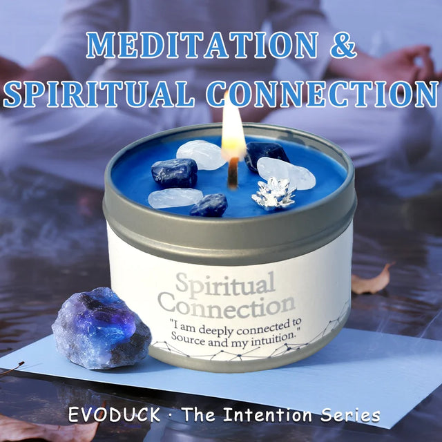 Candle in a tin labeled 'Spiritual Connection' with stones and a person in the background.