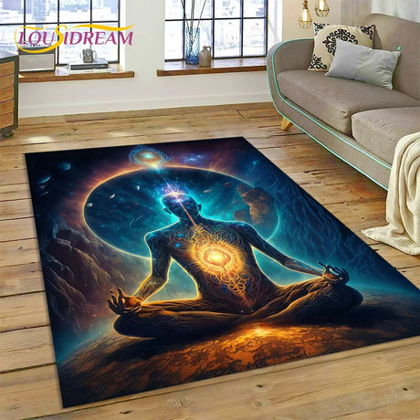 Decorative rug with a meditating figure design on a wooden floor.