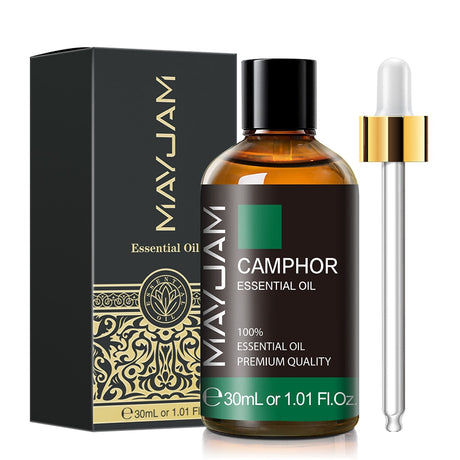 MayJam Camphor essential oil bottle with dropper and packaging on a white background