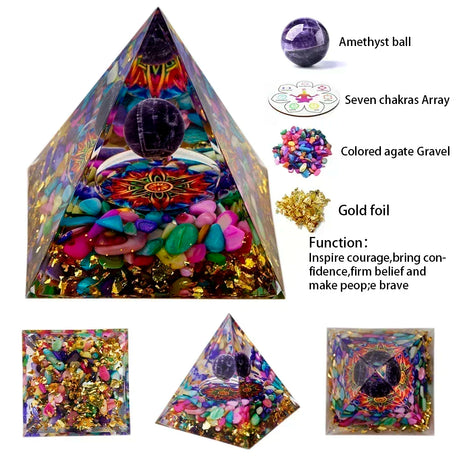 Orgone pyramid with colorful stones and accessories, labeled with items and their functions.