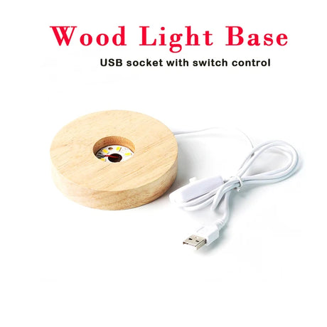 Wooden light base with USB cable and switch control on a white background