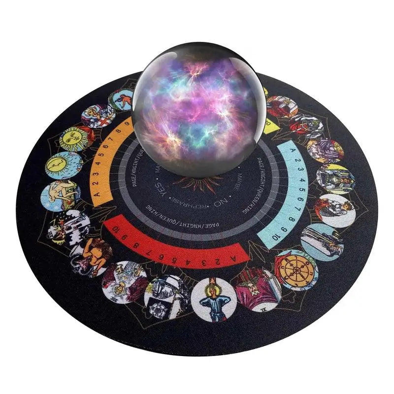Decorative mat with zodiac signs and a crystal ball displaying a colorful nebula on a white background