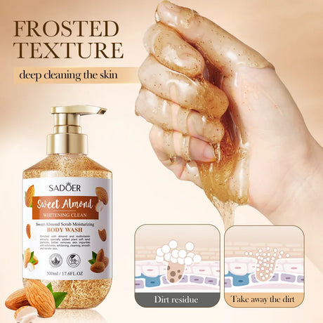 Sadoer Sweet Almond body wash with a hand holding foamy soap and text about frosted texture.