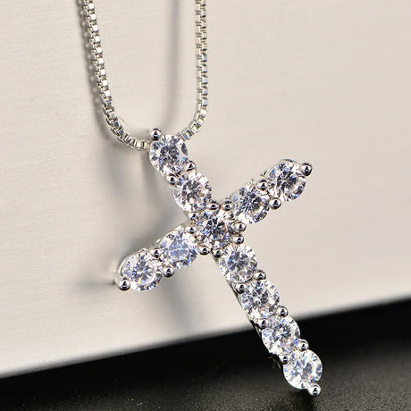 Silver Box Chain with Crystal Cross Pendant