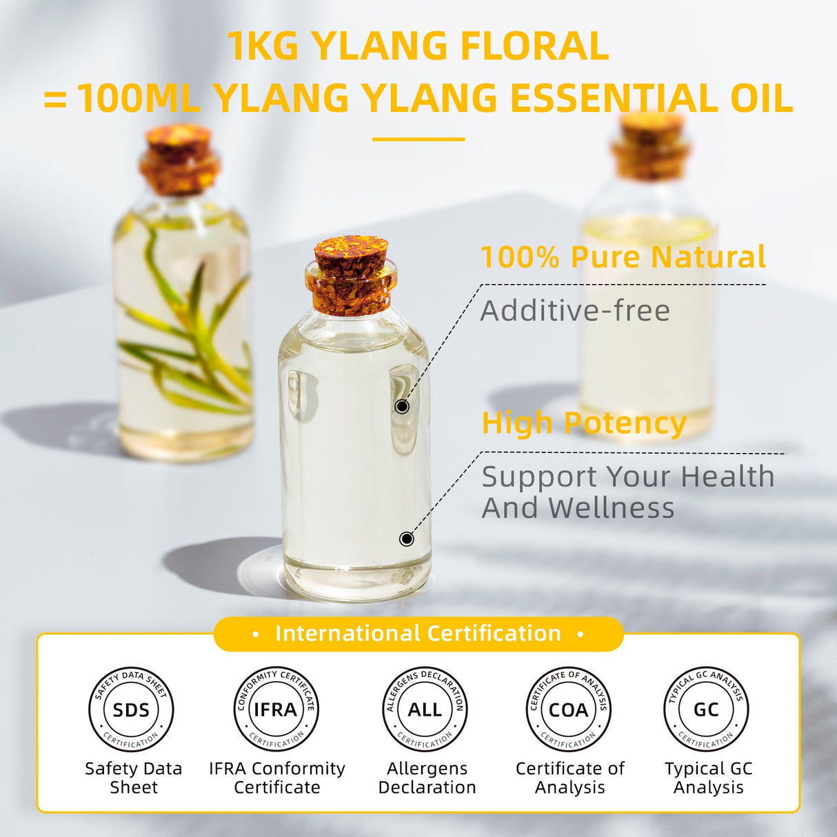 Ylang Ylang essential oil bottles with product features and certifications on a light background
