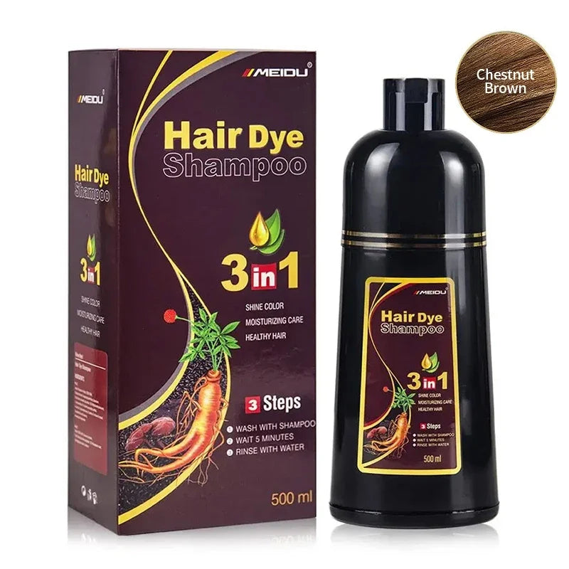 Hair dye shampoo packaging and bottle with MEIDU branding on a white background