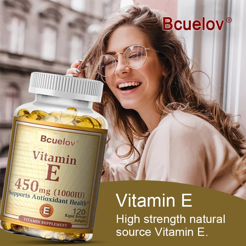 Woman holding a bottle of Bcuelov Vitamin E supplement with a blurred background