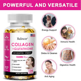 Balincer Collagen + Glutathione supplement bottle with health benefits on a white background