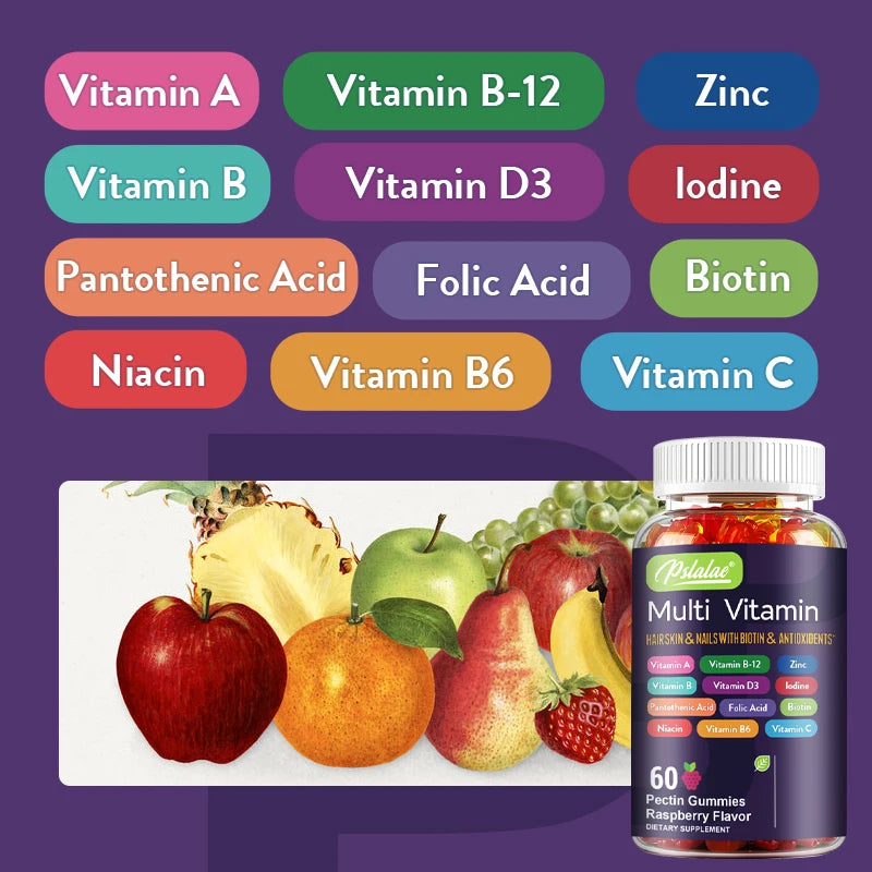 Multivitamin bottle with colorful labels of vitamins and minerals on a purple background.
