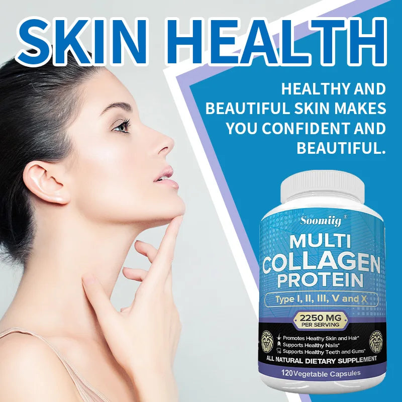 Woman touching her face with a supplement bottle labeled 'Multi Collagen Protein' on a light gray background.