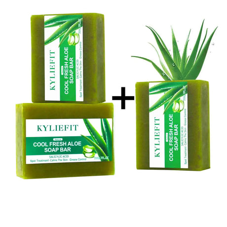 Two green soap bars with aloe vera on a white background, featuring Kyliefit branding.