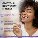Woman with healthy hair holding a strand, with text about hair, nails, and skin care.