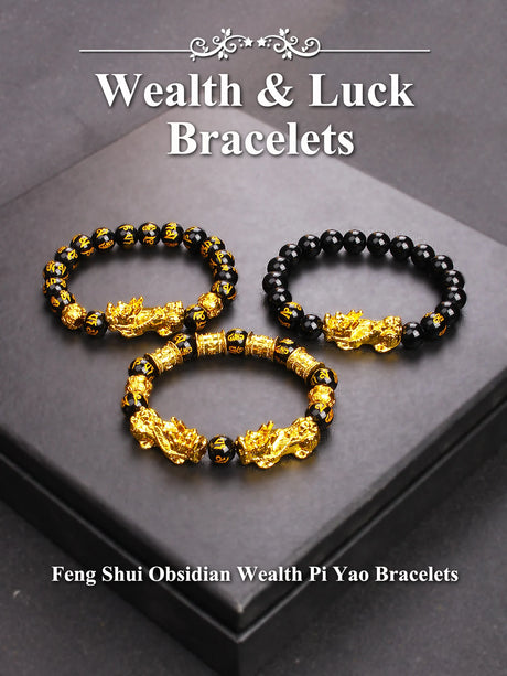 Two Feng Shui Obsidian Wealth Pi Yao Bracelets on a dark surface with text above.