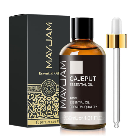 MayJami Cajeput Essential Oil bottle with dropper and packaging on a white background