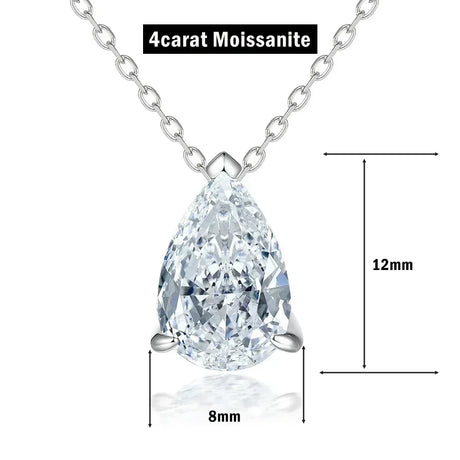 Teardrop-shaped moissanite pendant on a chain with measurements on a white background