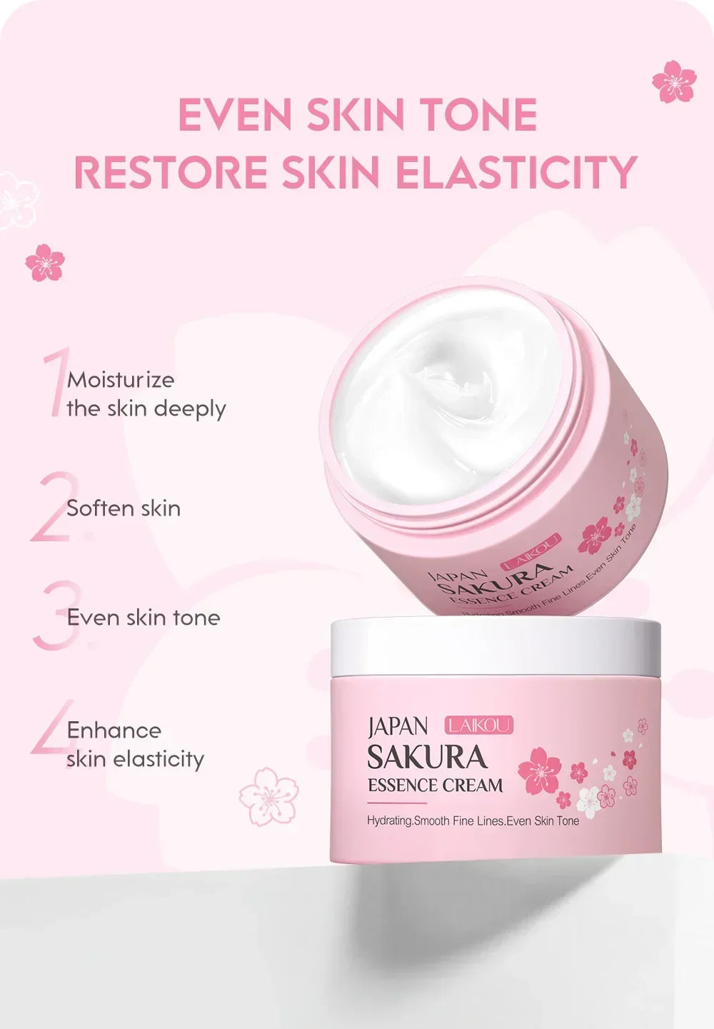 Japan Sakura Essence Cream jar with pink background and text about skin benefits