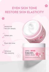 Japan Sakura Essence Cream jar with pink background and text about skin benefits