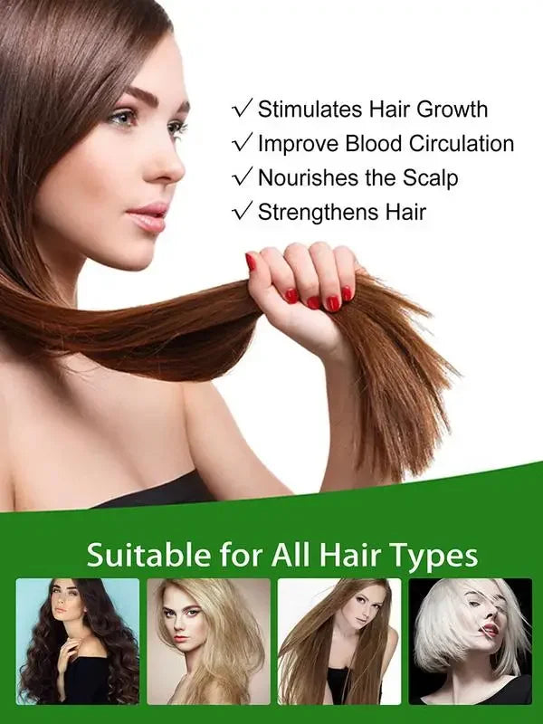 Woman with long brown hair holding it, with text about hair care benefits and suitability for all hair types.