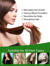 Woman with long brown hair holding it, with text about hair care benefits and suitability for all hair types.