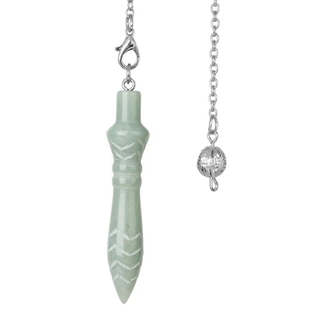 Necklace with a green stone pendant and silver chain on a white background