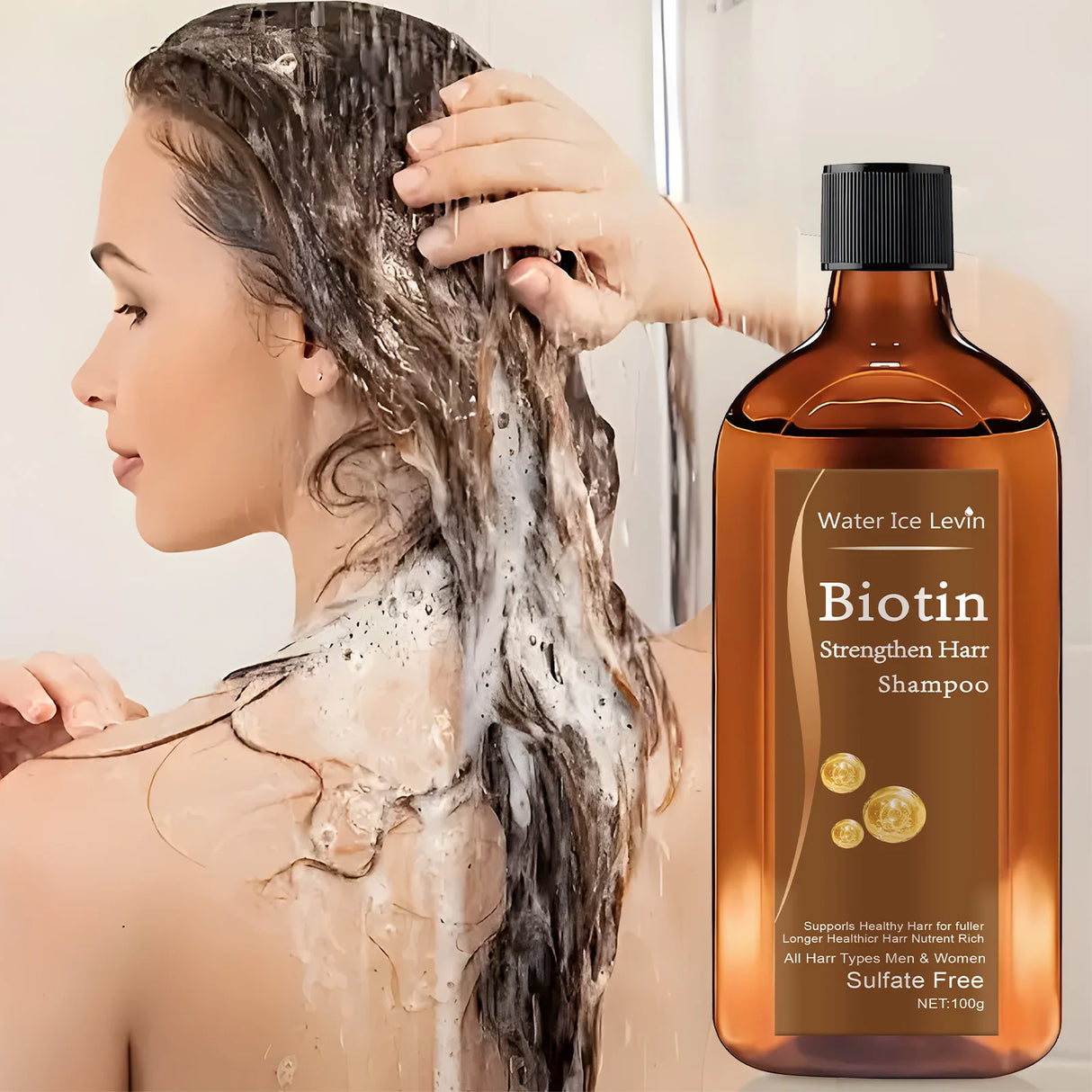Woman washing hair with a bottle of Biotin Strengthen Hair Shampoo on a white background