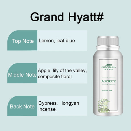 Aromatherapy oil bottle with notes on a light blue background, featuring the brand 'Grand Hyatt'.