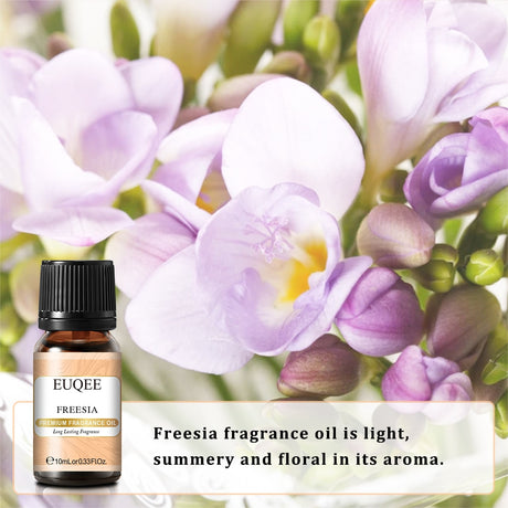 EUQEE Freesia fragrance oil bottle with purple flowers in the background