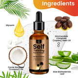 Self tanning facial drops with ingredients displayed on a white background
