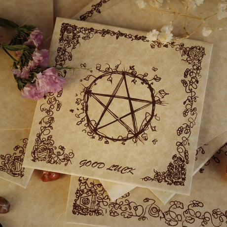Decorative paper with pentagram design and 'Good Luck' text, surrounded by flowers.
