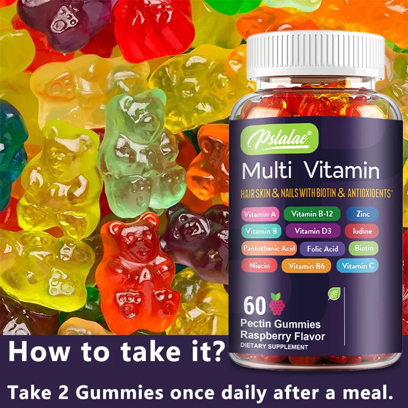 Multivitamin gummy bears with a bottle labeled 'Palae' on a colorful background.