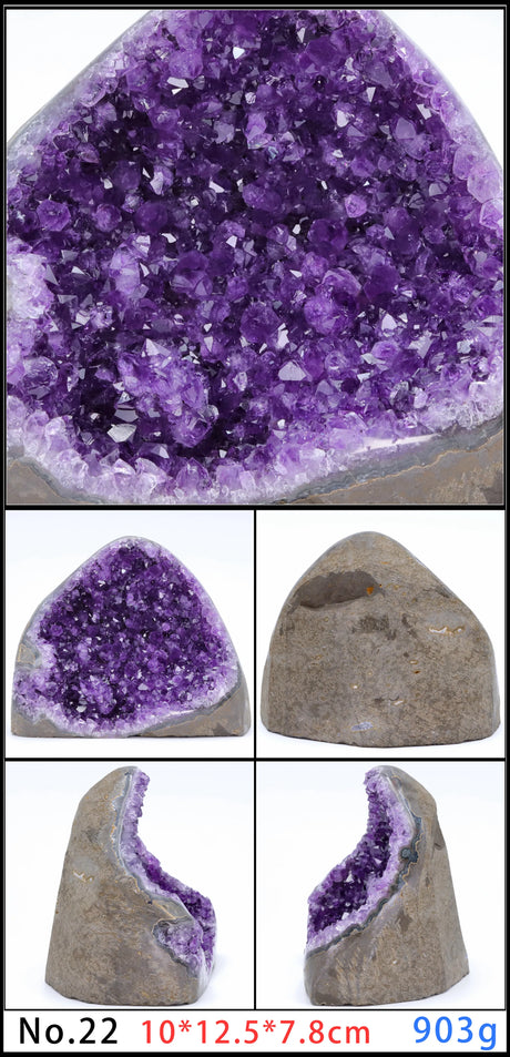 Collage of purple crystal rock with different angles and dimensions displayed.