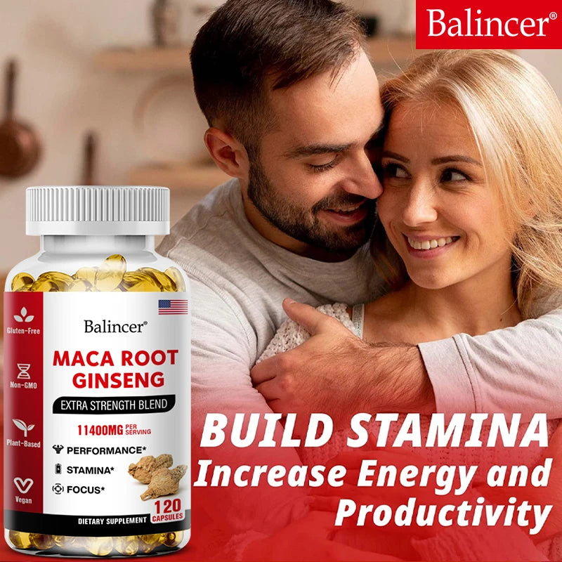 Balincer Maca Root Ginseng supplement bottle with a couple embracing in the background