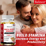 Balincer Maca Root Ginseng supplement bottle with a couple embracing in the background