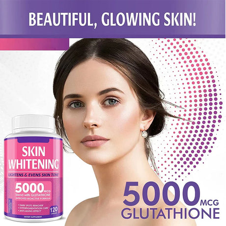 Woman with a skin whitening supplement bottle labeled '5000 MCG Glutathione' on a purple and pink background.