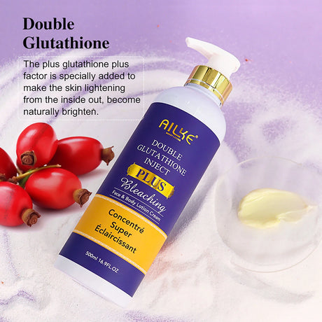 Ailke Double Glutathione Inject Plus Bleaching Concentrate bottle with red berries and oil droplet on a light purple background.