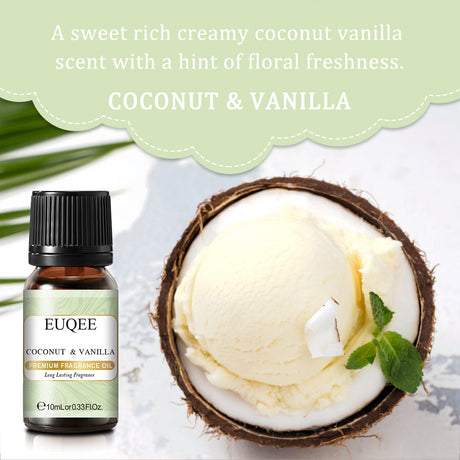 EUQEE coconut and vanilla fragrance oil with a scoop of vanilla ice cream and a coconut on a light background.